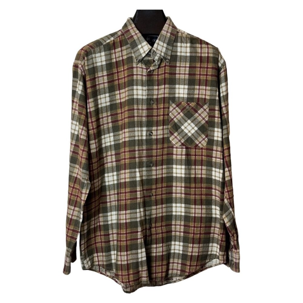 NEW Thunder Olive Green & Red Button Down Long Sleeve Plaid Flannel Shirt Medium